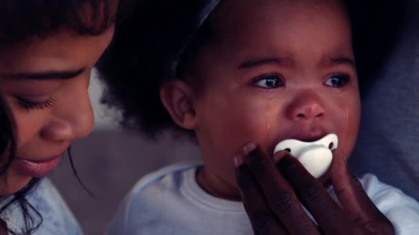 Unhappy Baby Pacifier Crying Home — Stock Video