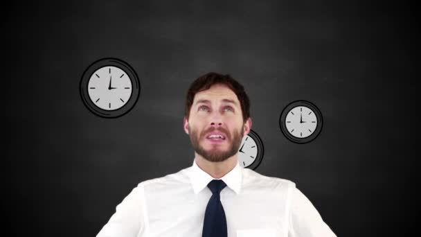 Stressed Businessman Hands Head Clocks Background — Stock Video