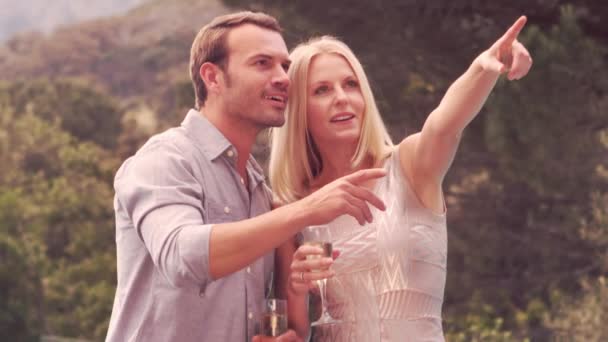 Couple Souriant Avec Flûte Champagne Pointant Doigt Ralenti Clip Vidéo