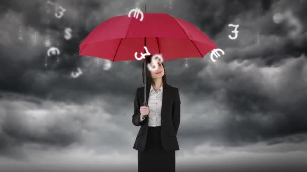 Složený Obraz Podnikatelka Drží Deštník Pod Prší — Stock video