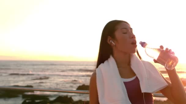 Mujer Bonita Bebiendo Agua Después Trotar Paseo Marítimo — Vídeos de Stock