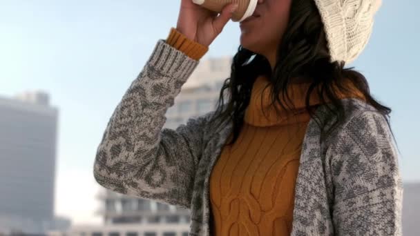 Woman Enjoying Hot Drink Winters Day Slow Motion — Stock Video
