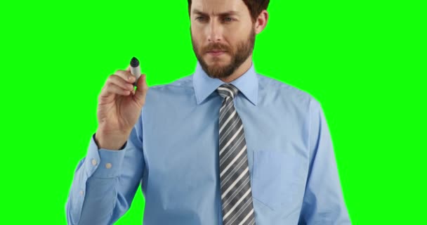 Thoughtful Businessman Writing Invisible Board Green Screen — Stock Video