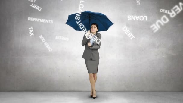 Imagen Compuesta Una Mujer Negocios Sosteniendo Paraguas Bajo Lluvia — Vídeos de Stock