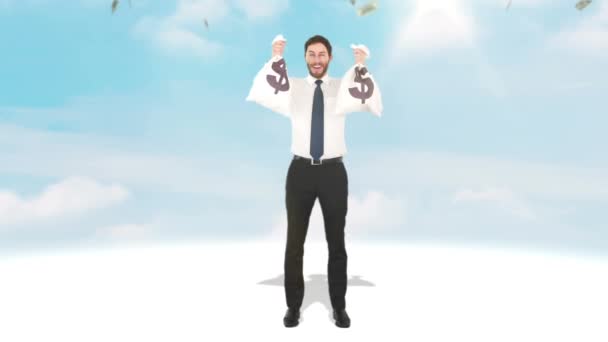 Σύνθετο Βίντεο Του Ευτυχής Επιχειρηματίας Κρατώντας Τις Σακούλες Για Χρήματα — Αρχείο Βίντεο