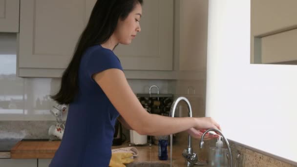 Yan Görünümü Yıkama Oldukça Genç Bir Kadın Mutfakta Eller — Stok video