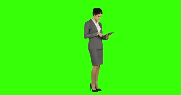 Wanita Bisnis Yang Berdiri Dan Menggunakan Tablet Pada Layar Hijau — Stok Video