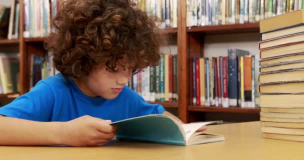 Lachende Jongetje Lezen Van Een Boek Bibliotheek — Stockvideo