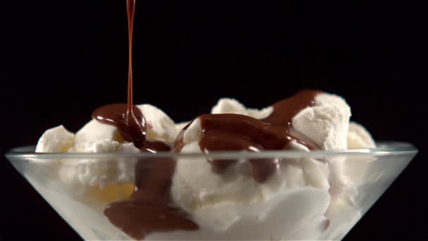 Chocolate Sauce Pouring Ice Cream Slow Motion — Stock Video