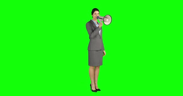 Krásná Podnikatelka Křik Megafon Zelené Pozadí — Stock video