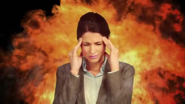 Stressed Businesswoman Headache Flaming Background — Stock Video
