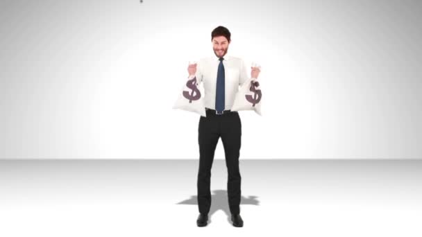 Kompozytowe Wyjście Wideo Szczęśliwy Biznesmen Posiadania Pieniędzy Torby — Wideo stockowe