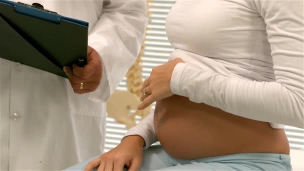 医療事務に彼の妊娠中の患者に彼のノートを示す医師 — ストック動画