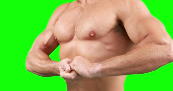 Homem Muscular Flexionando Seus Músculos Fundo Verde — Vídeo de Stock