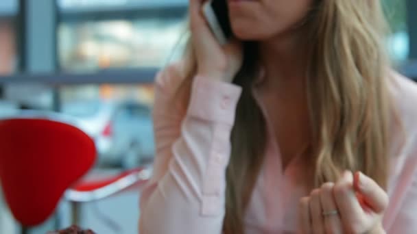 Pretty Blonde Having Coffee Talking Phone High Quality Format — Stock Video