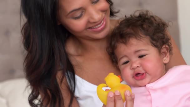 Mother Her Cute Baby Playing Bed — Stock Video