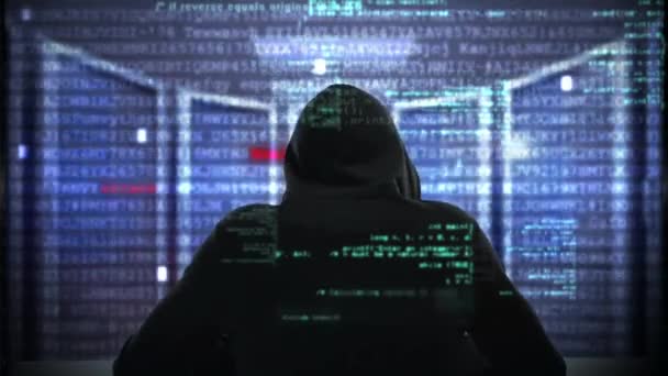Композитное Видео Хакера Использующего Ноутбук Данными Фоне — стоковое видео