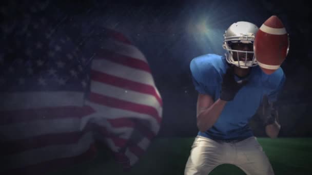 Seriöser American Football Spieler Kämpft Mit Amerikanischer Flagge Den Ball — Stockvideo