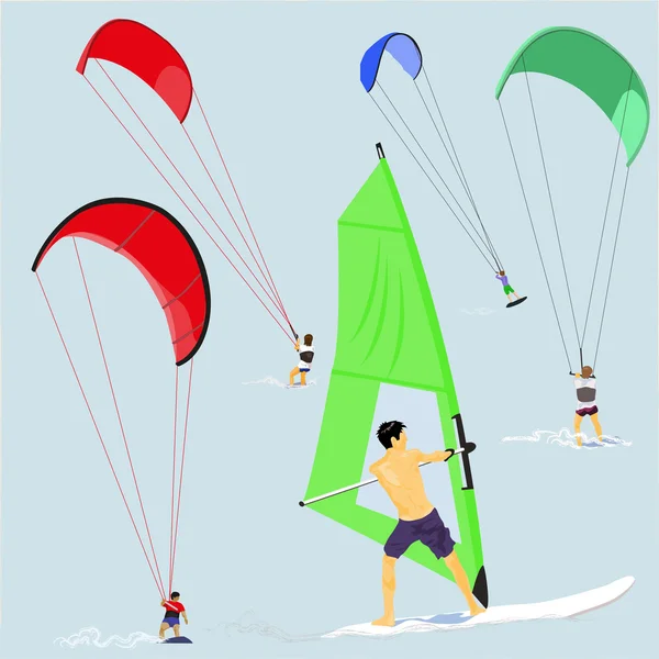 Wind- en kite surfers — Stockvector