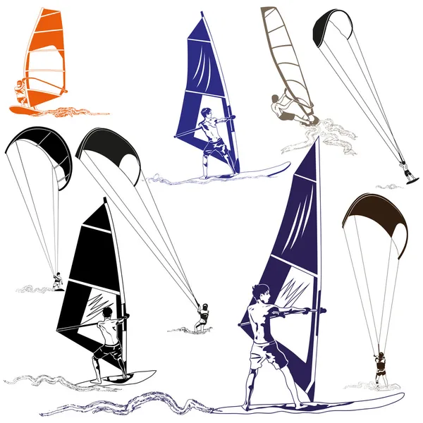 Cometas y windsurfistas — Vector de stock