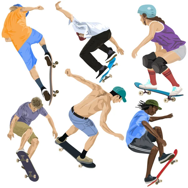 Σύνολο Διανυσματικών Skateboarders Λευκό Φόντο — Διανυσματικό Αρχείο