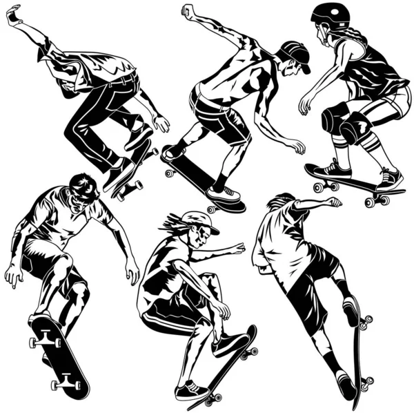 Набор Векторных Силуэтов Скейтбордистов Белом Фоне — стоковый вектор