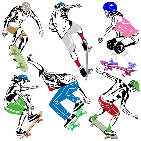 白地にスケートボーダーのベクトルシルエットのセット — ストックベクタ