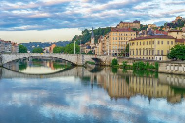 Panoramic view of Lyon with Saone river at sunset, France
