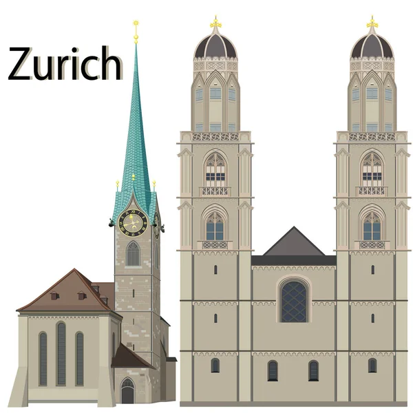 Fraumunster Womens Minster Grossmunster Churches Zurich Switzerland — Stock Vector