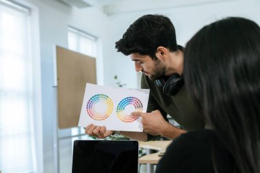 Tasarımcı. akıllı yaratıcı grafik tasarımcı ofis toplantı odasında renk örneği grafiği ile çalışıyor, yaratıcı iş, iç tasarım, dijital pazarlama, grafik tasarımcısı konsepti