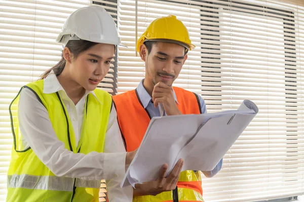 Group Engineer Architect Construction Worker Team Meeting Blueprint Meeting Room — Photo