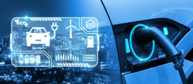 Arka planda ikon ve şehir, EV şarj istasyonu, yeşil enerji, mavi güç, elektrik enerjisi, teknoloji ve EV araba konsepti ile elektrik kablosu şarj ediliyor