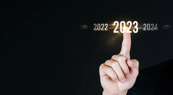 2023 Businessman Hand Touching Pointing Year 2023 Virtual Screen Dark — стоковое фото