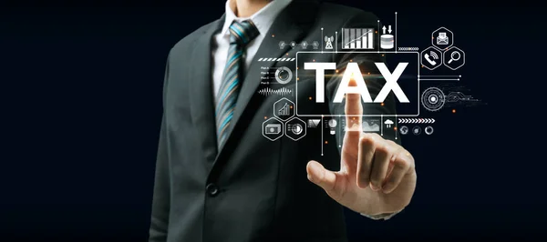 Businessman Hand Touching Virtual Tax Graphic Icon Diagram Dark Background — Stock Photo, Image