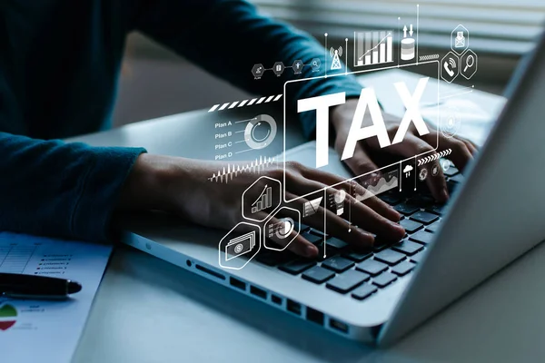 Business People Hand Using Laptop Computer Virtual Tax Graphic Icon — Stock Photo, Image