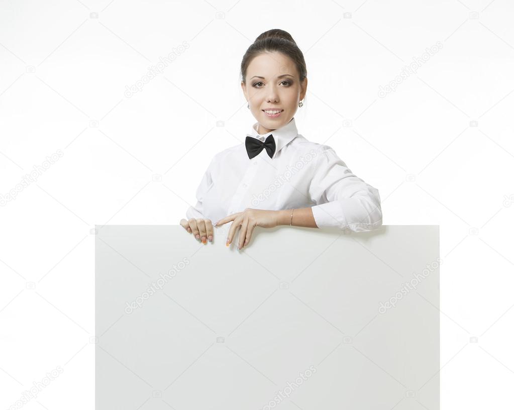 beautiful smiling businessman with blank banner isolated on white background