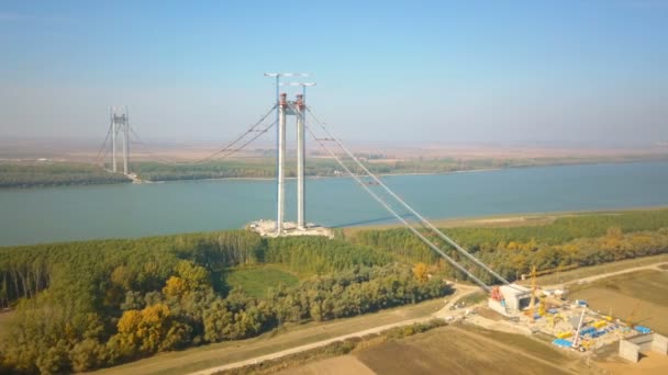 Tulcea Roemenië Oktober 2021 Bouw Van Een Nieuwe Hangbrug Donau — Stockvideo
