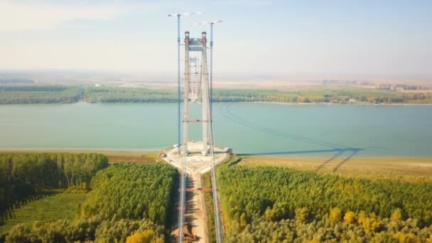 Tulcea Romênia Outubro 2021 Construção Uma Nova Ponte Suspensa Sobre — Vídeo de Stock