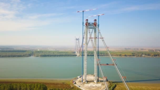 Tulcea Rumania Octubre 2021 Construcción Nuevo Puente Colgante Sobre Danubio — Vídeo de stock