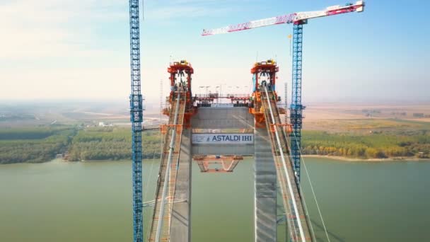 Tulcea Roemenië Oktober 2021 Bouw Van Een Nieuwe Hangbrug Donau — Stockvideo