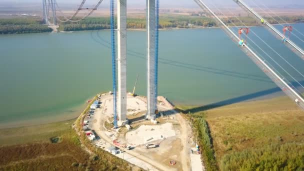 Tulcea Rumänien Oktober 2021 Bau Einer Neuen Hängebrücke Über Die — Stockvideo