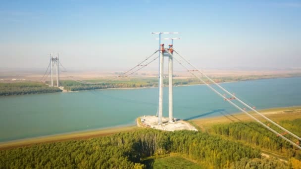 Тулча Румыния Октября 2021 Года Строительство Нового Подвесной Моста Через — стоковое видео