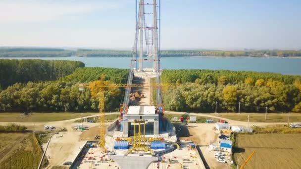 Tulcea Rumunia Października 2021 Budowa Nowego Mostu Wiszącego Dunaju Trzeciego — Wideo stockowe