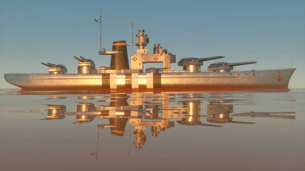 Illustratie Van Een Slagschip Open Oceaan Bij Zonsondergang — Stockfoto