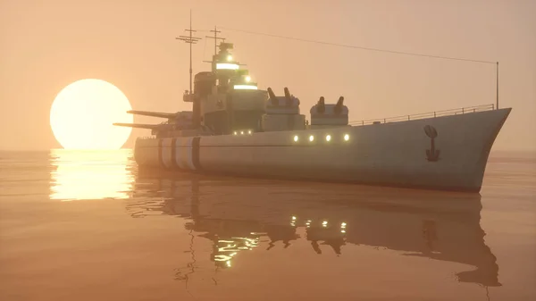 夕暮れ時の外洋での戦艦の3Dイラスト — ストック写真