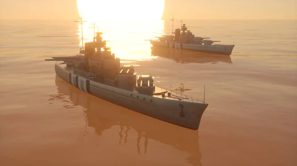 Illustration Battleship Fleet Open Ocean Sunset — Stock Photo, Image