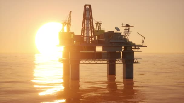 Animation Oil Drilling Platform Sunset — Stock Video