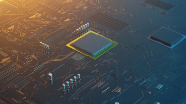 Kapasitörler, bir yonga seti ve bir mikro işlemci de dahil olmak üzere yüzey bağlama bileşenleri içeren 3D fütüristik devre kartının oluşturulması