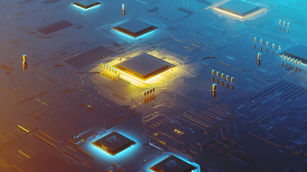 3d рендеринг футуристической платы с компонентами поверхностного монтажа, включая конденсаторы, чипсеты и микропроцессоры