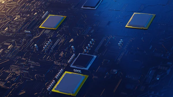 Weergave Van Een Futuristische Printplaat Met Opbouwcomponenten Waaronder Condensatoren Chipsets — Stockfoto